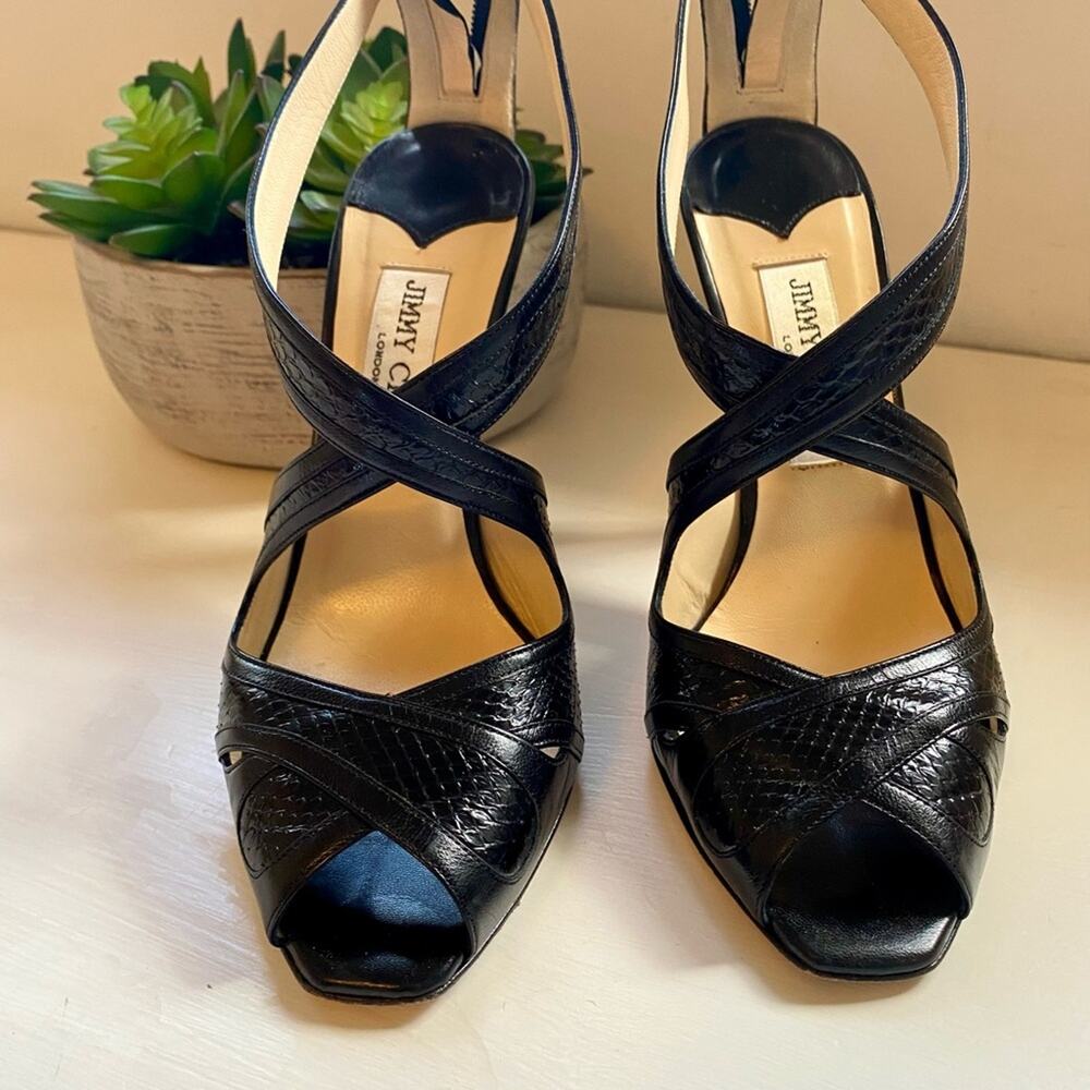 Jimmy Choo Black Watersnake & Kid Leather Disco Sandals Size 37.5 - Picture 8 of 8